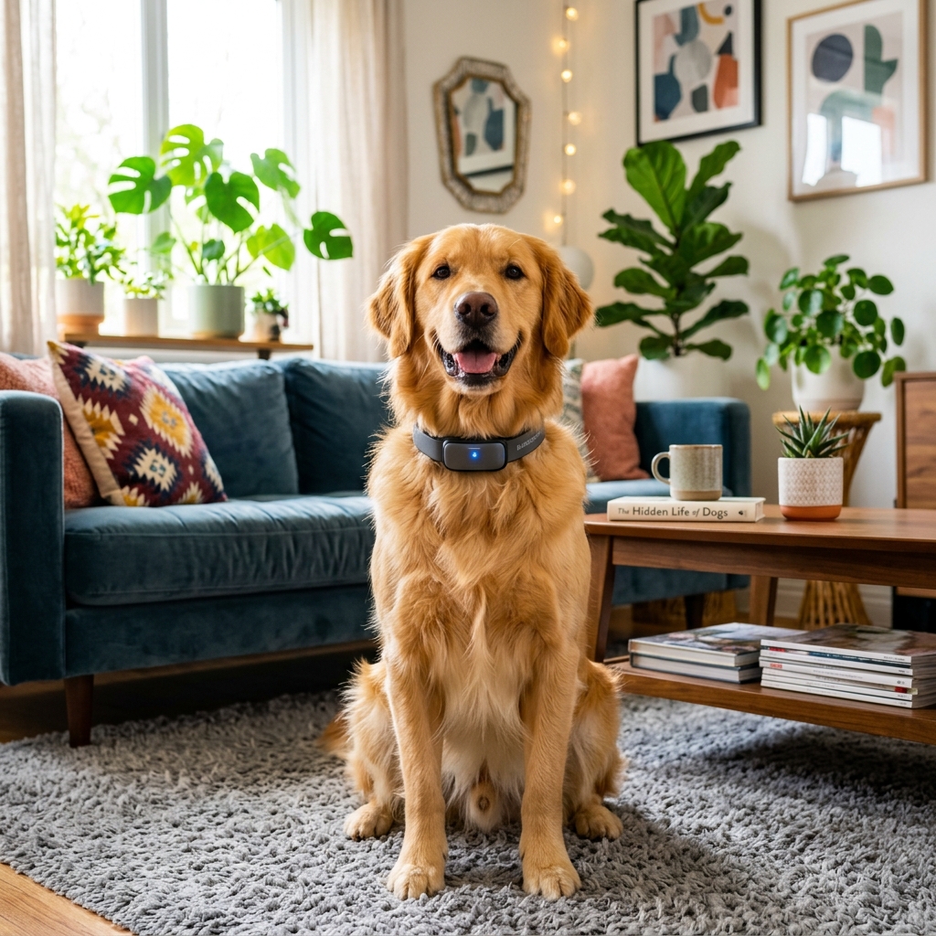 Golden retriever wearing CURAA smart collar in a warm living room